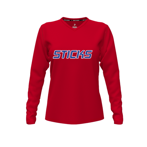 [FTLVPTRD-FYXS-LOGO3] Decker Performance T-Shirt (Female Youth XS, Red, V Neck, Logo 3, Long Sleeve)